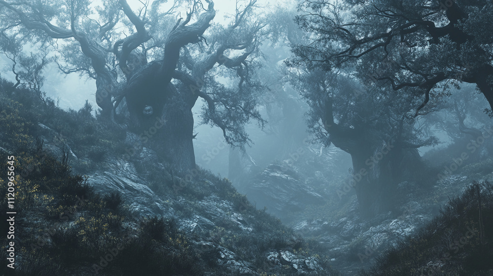 Poster mysterious foggy forest with ancient twisted trees at dawn in a secluded location