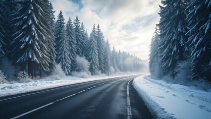 Obraz premium Scenic Empty Road in Snowy Black Forest, Germany, Winter Wonderland Landscape Photography