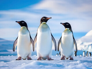 Fototapeta premium Climate change wildlife crisis concept. Three penguins stand together on a snowy landscape, showcasing their distinctive black and white plumage against a serene, icy backdrop.
