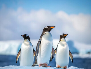 Obraz premium Climate change wildlife crisis concept. Three penguins stand on ice against a blue sky, embodying the icy elegance of their natural habitat.