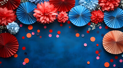 Vibrant Paper Flowers & Fans Decor: Festive Blue