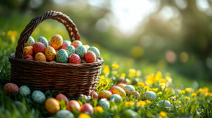 Colorful Easter Eggs in a Basket Outdoors