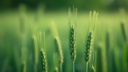 Macro Photography of Young Wheat Stalks in a Lush Green Field, Close-up Detail of Grain Heads, Blurred Background, Nature Scene