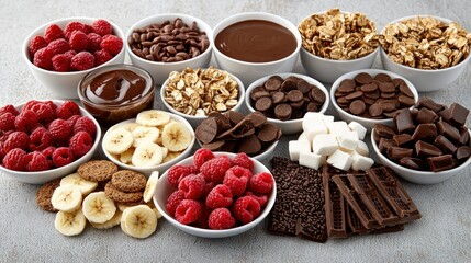 Obraz premium A variety of toppings and ingredients for desserts, including fruits, chocolate, and snacks.
