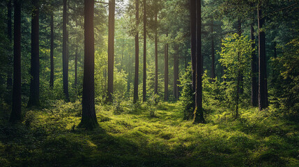 Fototapeta premium Lush green forest under soft sunlight illuminating the ground in a tranquil setting