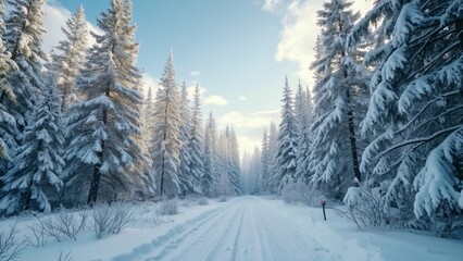 Fototapeta premium Sunlit Snowy Pine Forest Path, Cinematic Winter Wonderland Landscape