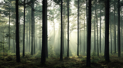 Fototapeta premium Sunlight filters through tall trees in a serene forest during early morning hours