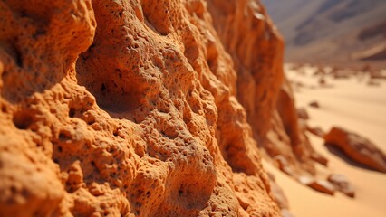 Close-Up of Rugged Orange Desert Rock Texture, Intricate Patterns and Warm Tones in Bright Sunlight, Detailed Photography of Unique Natural Rock Formation for Outdoor Settings