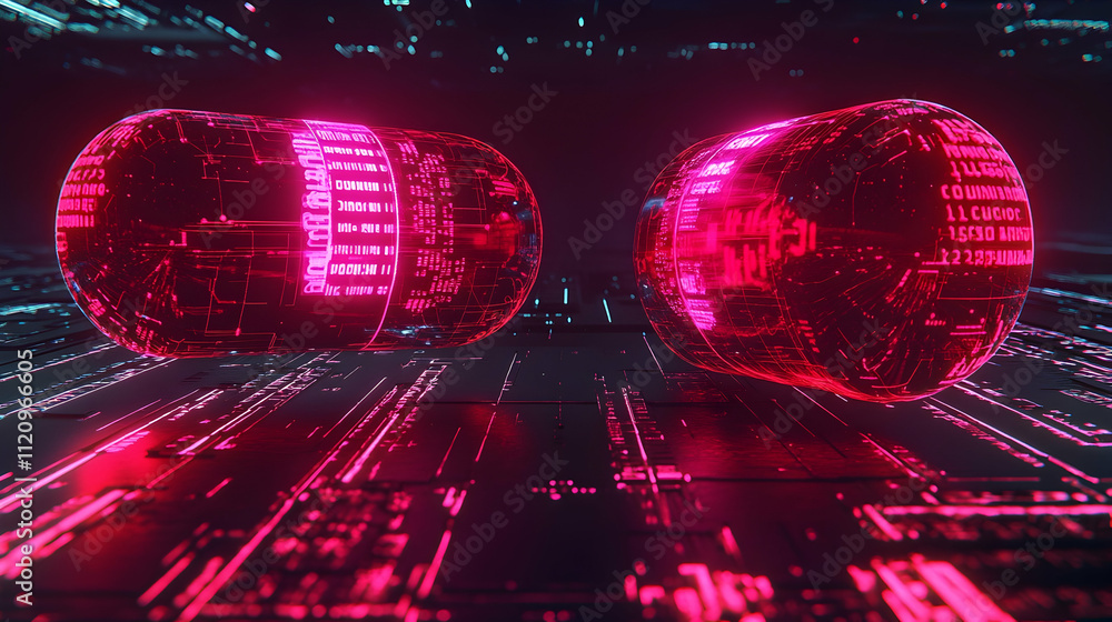Poster two glowing capsules with digital data on a circuit board.