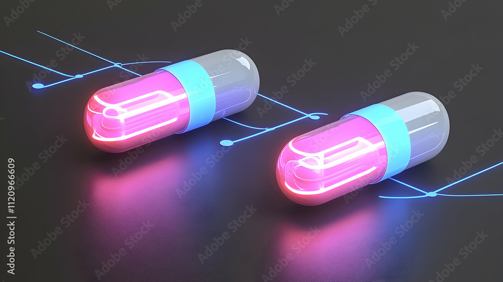 Poster two glowing capsules on dark surface with circuit lines.