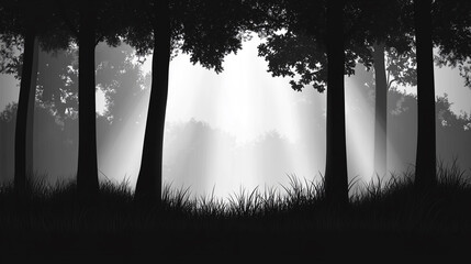 Light streams through trees in a serene black and white forest at dawn