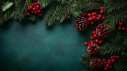 Winter Holiday Scene: Festive Greenery, Pine Cones, and Berries on Dark Green Background