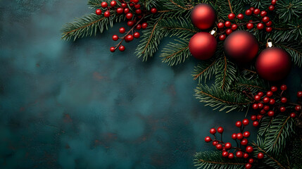 Celebrate Winter: Festive Red Ornaments & Green Branches on Dark Teal Background