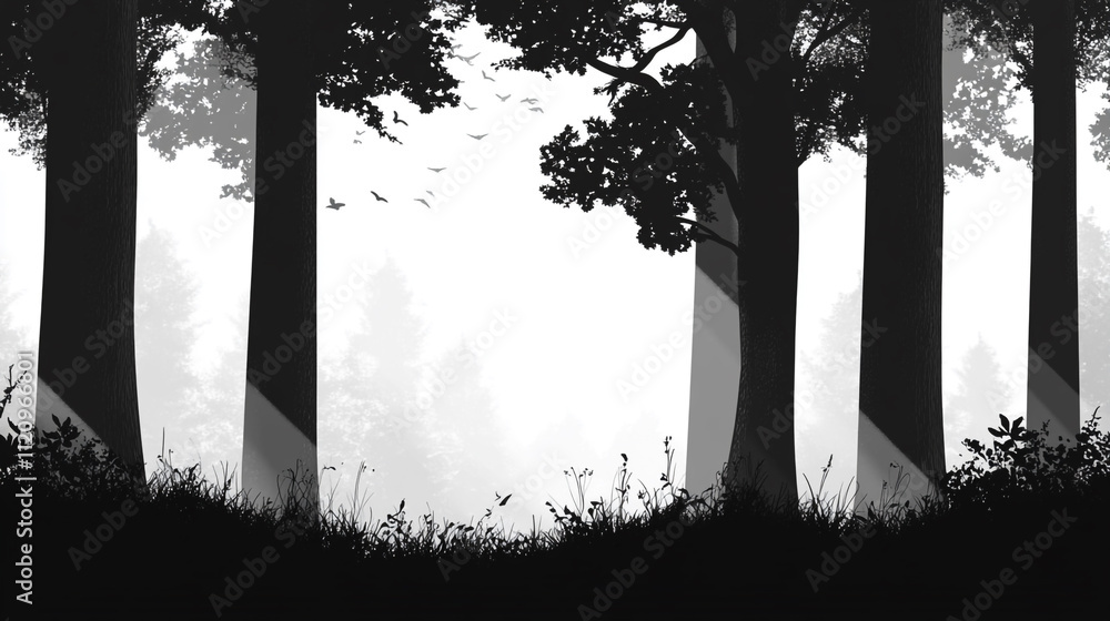 Poster majestic forest at dawn with shadows and light filtering through trees