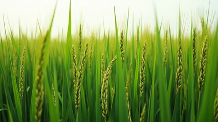 Lush Green Rice Paddy Field with Golden Grain Ears Under a Bright White Sky - Stunning Nature Photography