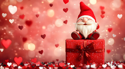 A cheerful Santa figure sits on a red gift box, surrounded by floating hearts against a soft, festive background.