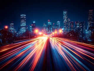 Obraz premium Dazzling Nighttime Cityscape with Glowing Skyscrapers and Blurred Traffic Trails