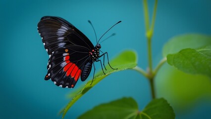 Obraz premium Macro Photography of a Black Butterfly with Red and White Wing Patterns Perched on a Green Leaf Against a Blue Background