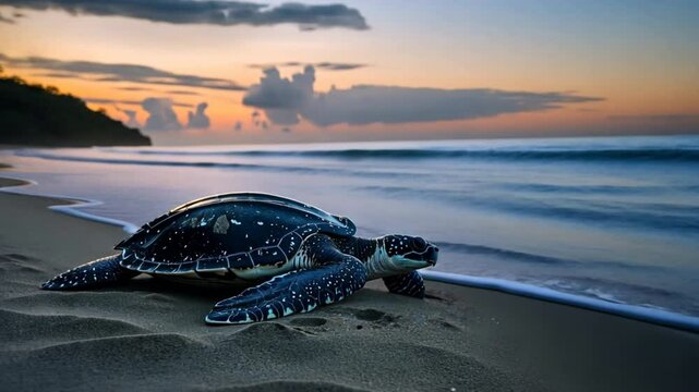 A leatherback sea turtle crawls along a sandy beach, returning to the ocean after laying eggs, with the ongoing battle to preserve its nesting sites from human encroachment.