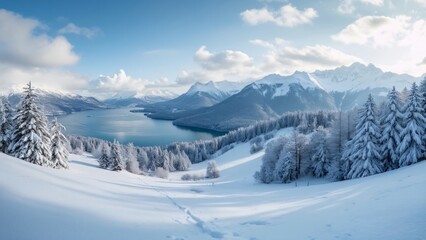 Fototapeta premium Panoramic Winter Wonderland, Snowy Mountains, Frozen Lake, and Snow-Covered Trees