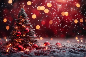 Shiny red Christmas background with bright white bokeh lights and festive tree decoration for holiday season.