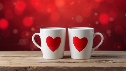 Romantic Valentine's Day, Two White Coffee Mugs with Red Hearts on Rustic Wooden Table Against Red Bokeh Background
