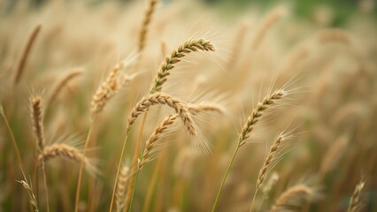 Fototapeta premium Macro Photography of Tall Grasses Swaying Gently in the Breeze, Soft Focus, Delicate Textures, Blurred Background, Golden Wheat Field, Nature, Summer, Rural Scene, Close-Up, Botanical,