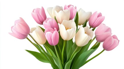 Fototapeta premium Exquisite Tulip Bouquet in Soft Pastel Hues with Elegant Floral Arrangement on White Background in