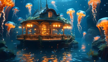 Obraz premium Underwater magical encounter with jellyfish enchanted floating house ocean paradise serene atmosphere dreamy perspective imagination and fantasy