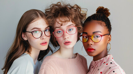 Trendy young models in glasses posing, isolated on gray.
