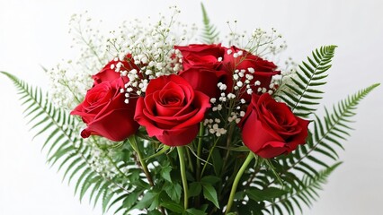 Stunning HD Bouquet, Red Roses, Baby's Breath, and Fern Leaves