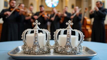 Fototapeta premium Orthodox Wedding Crowns, Silver Decorated Crowns on Blue Linen, Festive Ceremony with Blurred Musicians