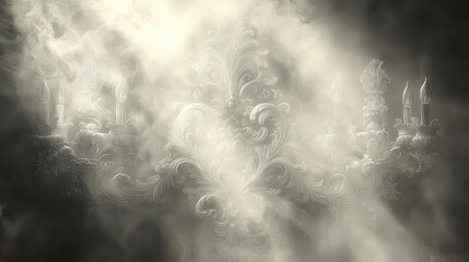 A mystical chandelier shrouded in ethereal smoke and light.