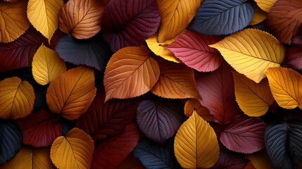 Fototapeta premium Autumn Leaves: Colorful Foliage, Vibrant Hues, Nature's Palette, Seasonal Beauty, Fall Colors, Golden Yellow, Deep Red, Dark Purple, Leaf Textures, Nature Photography, Botanical Images