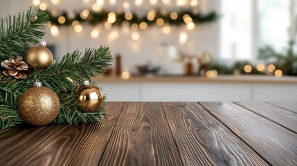 selective focus. Christmas decoration with ornaments on wooden table cozy home environment festive atmosphere warm lighting