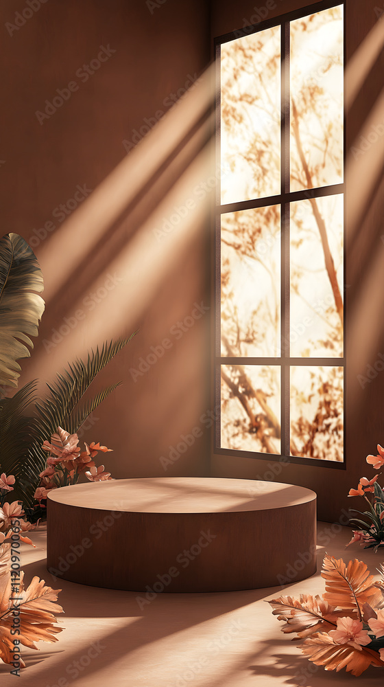 Poster a serene indoor space with a circular platform, illuminated by soft sunlight through a window.
