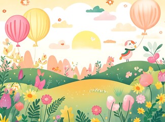 Cartoon Landscape with Flowers and Balloons.