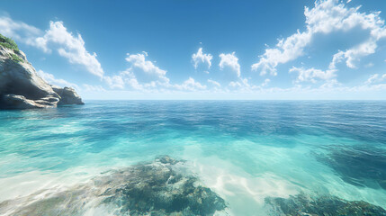 Fototapeta premium Tranquil Coastal Scene with Blue Sky and Clouds - Realistic 3D Illustration