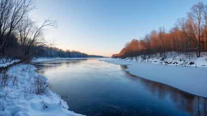 Serene Winter Delaware River, Snow-Covered Banks, Ice, and Blue Sky Reflection