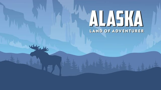alaska state with beautiful aurora view and a deer