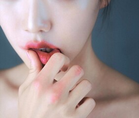 Close up of beautiful young woman's face with makeup and smooth and clear skin wiping lipstick with her hands and her hand stained with lipstick 