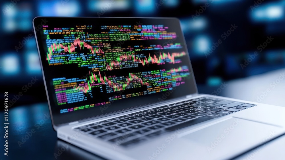 Poster laptop displaying colorful data analytics and stock market trends.