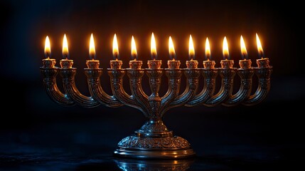 Fototapeta premium Silver Intricacy beautifully crafted silver menorah with intricate designs and glowing candles, set against a deep navy blue background with ample copy space.