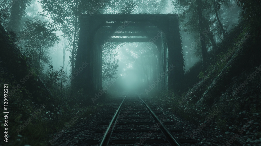 Poster Mysterious fog envelops railway tracks in a dark forest at dawn