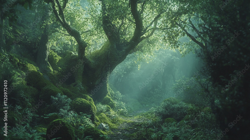 Poster lush green forest with sunlight filtering through trees creating a mystical atmosphere