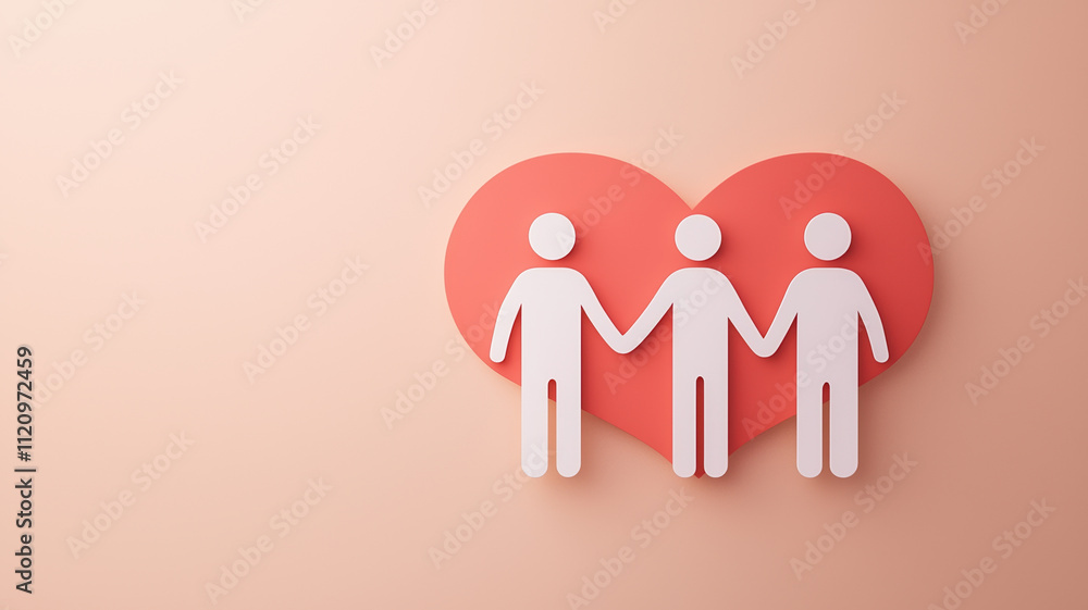 Poster three abstract figures holding hands in heart shape symbolize love and unity