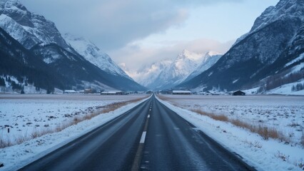 Scenic Winter Road Journey, Snow-Covered Fields & Majestic Mountains