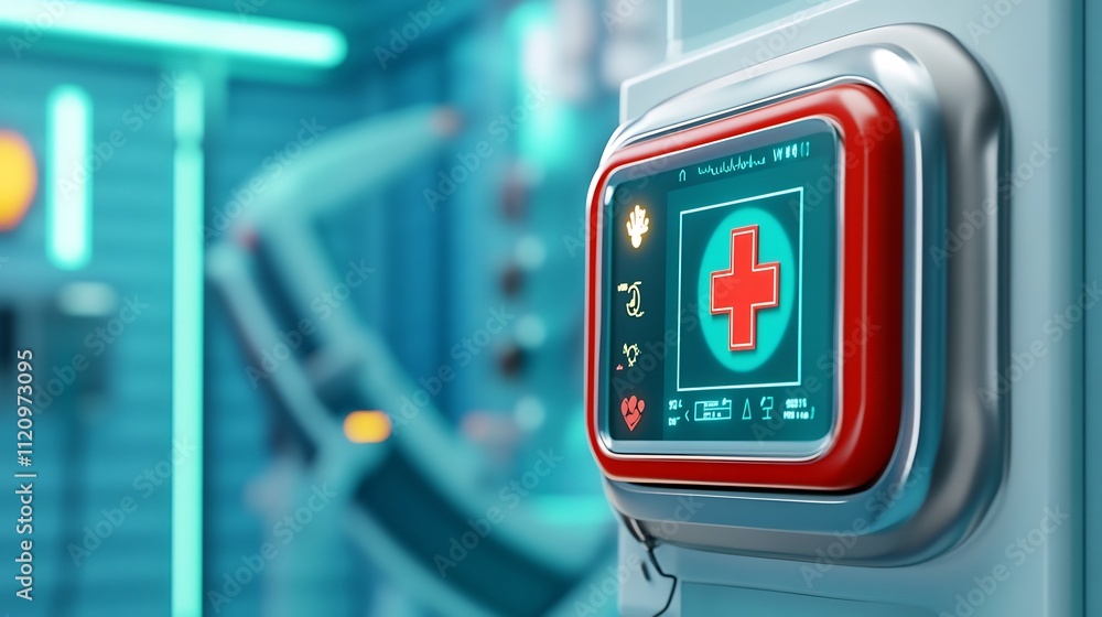 Poster medical alert device screen with safety notifications in 3d rendering