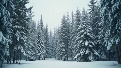 Fototapeta premium Stunning Wide Shot of a Snow Covered Winter Pine Forest, Serene Winter Wonderland Landscape Photography