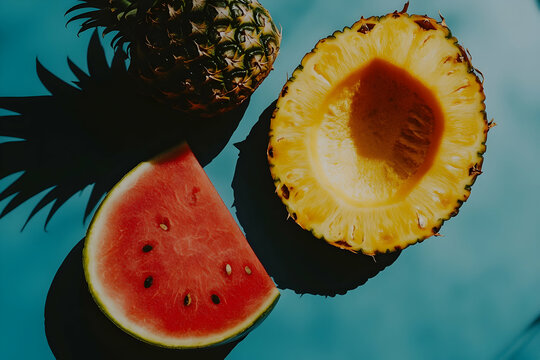 Watermelon and pineapple slices on a blue background with shadows.